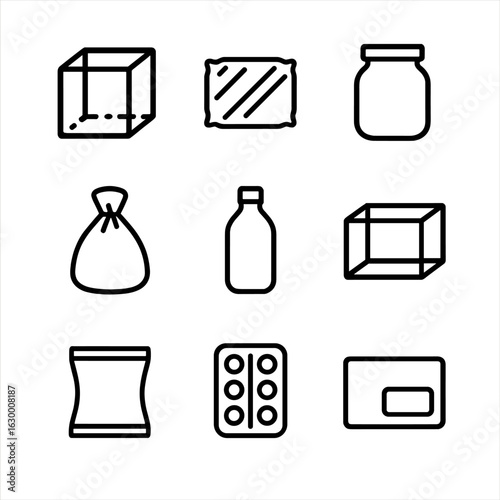 Transparent Packaging Icons. Outline icon set of transparent packaging: clear box, plastic wrap, glass jar, cellophane bag,