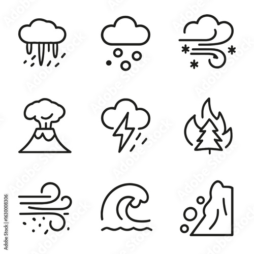 Extreme Weather Icons. Outline icon set of extreme natural events: ice storm, hailstones, blizzard wind, volcanic ashfall,