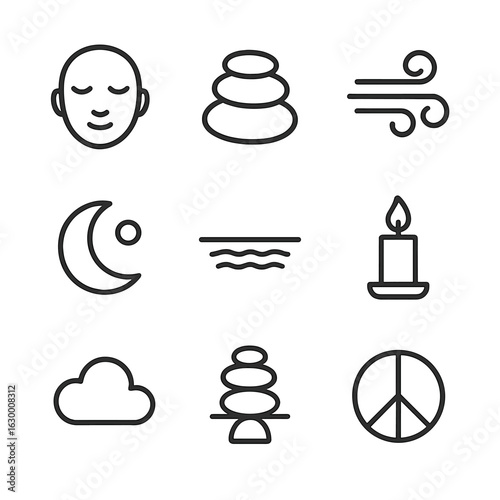 Inner Peace Icons. Outline icon set of inner peace: serene face, sitting stone, gentle wind, moon glow, still lake, candle light,
