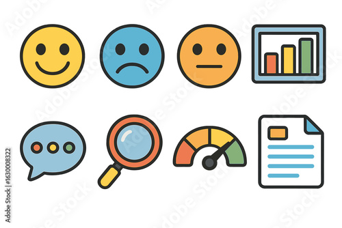 Sentiment Icons Grid. Flat vector mini-illustrations sentiment analysis summary in colors children's illustrations: happy face,