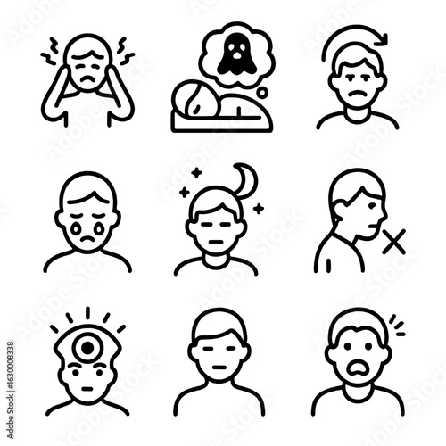 Trauma Symptoms Icons. Outline icon set of trauma symptoms: anxiety, nightmares, flashbacks, panic attack, crying, insomnia,