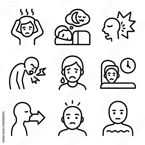 Trauma Symptoms Icons. Outline icon set of trauma symptoms: anxiety, nightmares, flashbacks, panic attack, crying, insomnia,