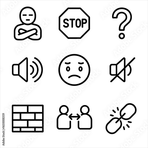 Communication Barrier Icons. Outline icon set of communication barriers: crossed arms, stop sign, question