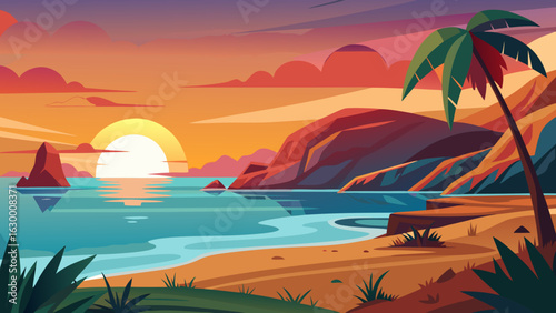 Vector art of a breathtaking tropical beach sunset with vibrant orange and pink clouds, the sun dipping below the horizon, casting a golden glow on the calm ocean and sandy shore