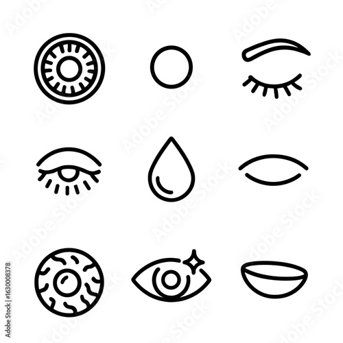 Eye Icon Set. Outline icon set of eye macro: iris detail, pupil, eyelash, eyebrow, tear drop, eyelid, sclera texture, cornea shine
