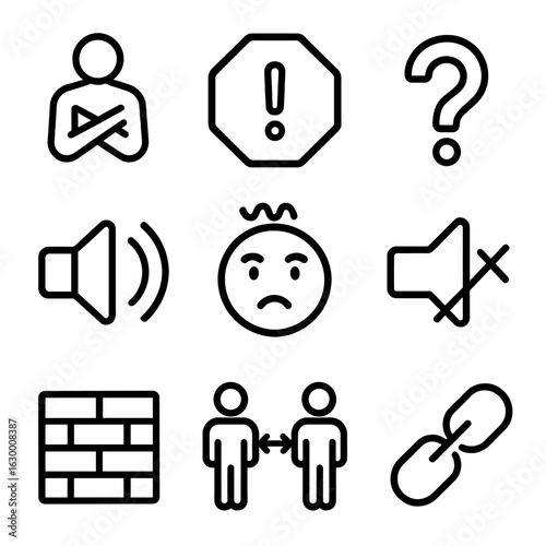 Communication Barrier Icons. Outline icon set of communication barriers: crossed arms, stop sign, question