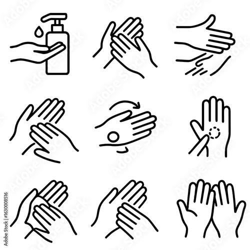 Skincare Application Icons. Outline icon set of application techniques: dispense lotion, rub palms together, spread on forearm,