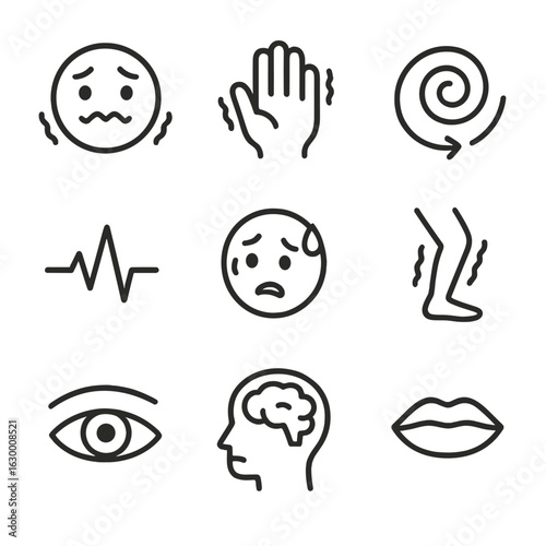 Instability Emotions Icons. Outline icon set of instability emotions: anxiety face, trembling hand, confused swirl, heartbeat