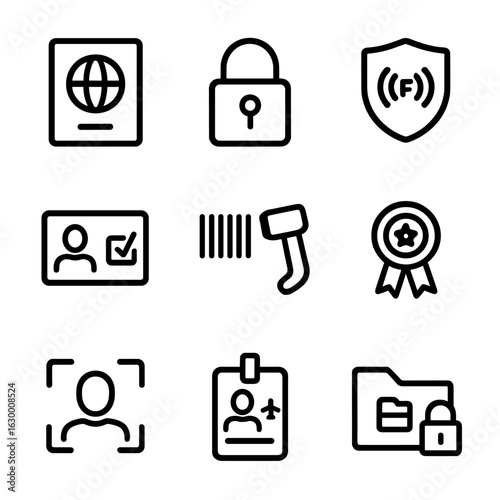 Travel Safety Icons. Outline icon set of travel safety: passport, secure lock, RFID shield, ID check, barcode scanner, custom seal