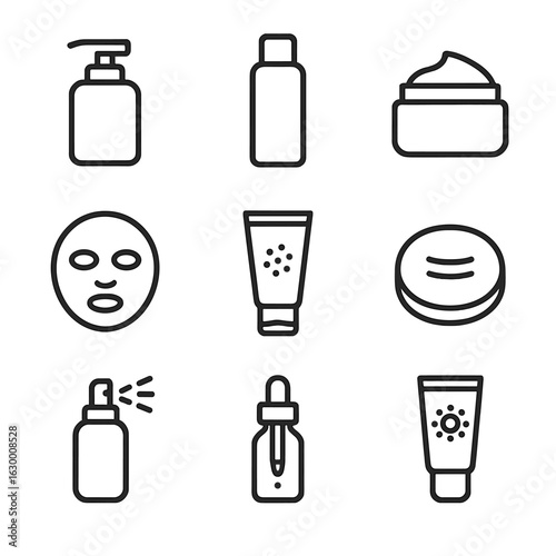 Skincare Line Icon Set. Outline icon set of skin preparation and care: cleanser pump, toner bottle, moisturizer jar, SPF tube,