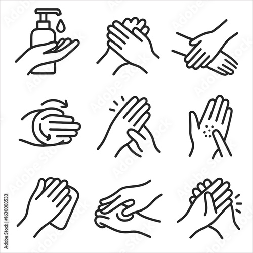 Skincare Application Icons. Outline icon set of application techniques: dispense lotion, rub palms together, spread on forearm,
