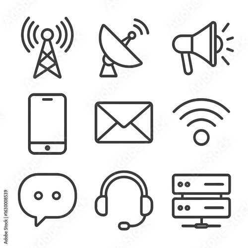 Communication Icons Grid. Outline icon set of communication channels: radio tower, satellite dish, megaphone,