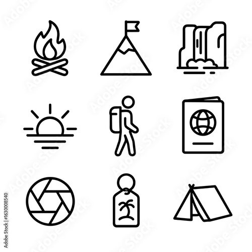 Travel Icons Grid. Outline icon set of journey experiences: campfire, mountain peak, waterfall, sunrise, backpacker, passport,