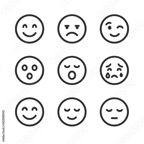 Facial Expression Icons. Outline icon set of facial motion expressions: smile, frown, wink, raised eyebrow, surprised face,