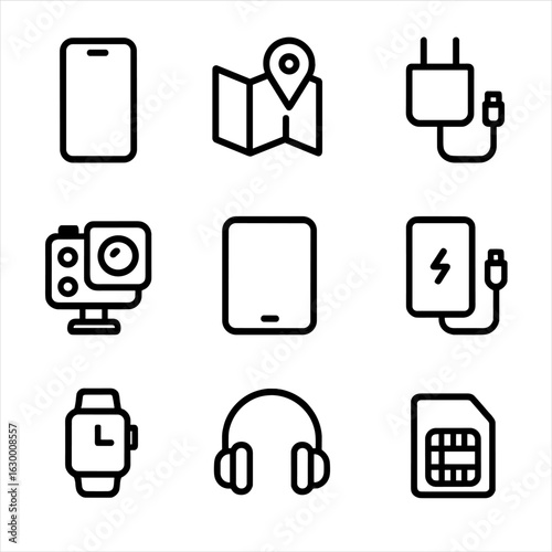 Travel Tech Icons. Outline icon set of travel technology: smartphone, GPS, charger, action camera, tablet, power bank, smartwatch,