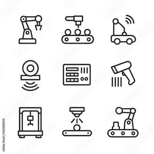 Factory Automation Icons. Outline icon set of factory automation machines: robotic arm, conveyor belt, automated guided vehicle,