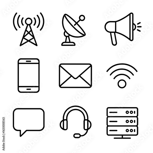 Communication Icons Grid. Outline icon set of communication channels: radio tower, satellite dish, megaphone,