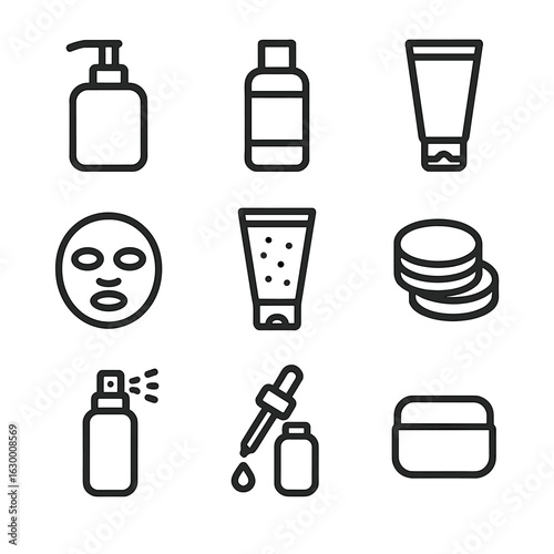 Skincare Line Icon Set. Outline icon set of skin preparation and care: cleanser pump, toner bottle, moisturizer jar, SPF tube,