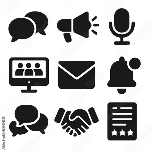 Communication Icons Grid. Solid, filled icons set of effective communication: speech bubbles, megaphone,