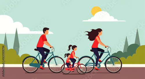 Active family togetherness concept with a mother, father, and children cycling on a path. Outdoor leisure and recreation illustration.