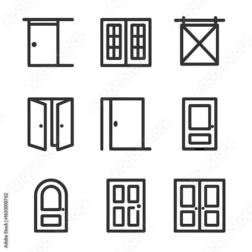 Interior Door Icons. Outline icon set of interior doors: sliding door, French door, barn door, folding door, pocket door, glass