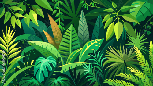 Vector art of lush and dense tropical jungle foliage with a variety of green leaves, creating a vibrant and natural botanical background