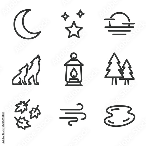 Twilight Icon Set. Outline icon set of nightfall elements: crescent moon, star cluster, twilight sky, silhouette of wolves,