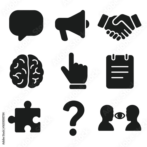 Communication Strategy Icons. Solid, filled icons set of communication strategies: speech bubble, megaphone,