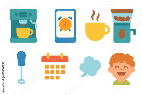 Smart Coffee Delight. Flat vector mini-illustrations smart coffee maker scheduling in colors children's illustrations: coffee