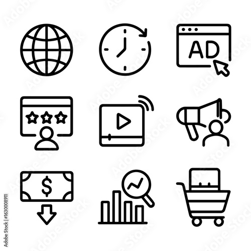 Internet Marketing Icons. Solid, filled icon set of internet marketing opportunities: global reach, 24/7 availability,
