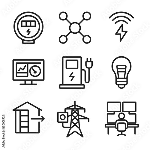 Smart Grid Icon Set. Outline icon set of smart grid and efficiency: smart meter, grid network node, demand response signal, energy