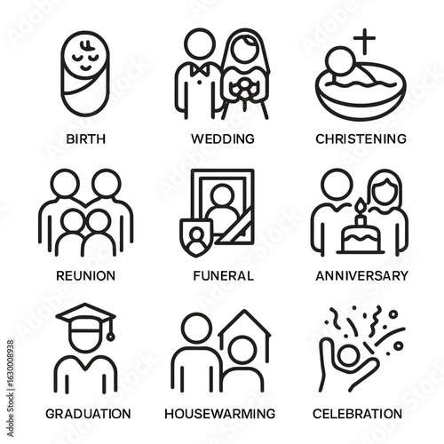 Family Event Icons. Outline icon set of family events: birth, wedding, christening, reunion, funeral, anniversary, graduation,