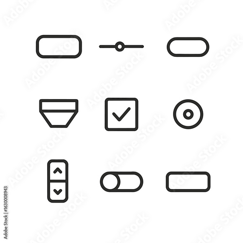 UI Control Icon Set. Outline icon set of UI control elements: button, slider, switch, dropdown menu, checkbox, radio button,