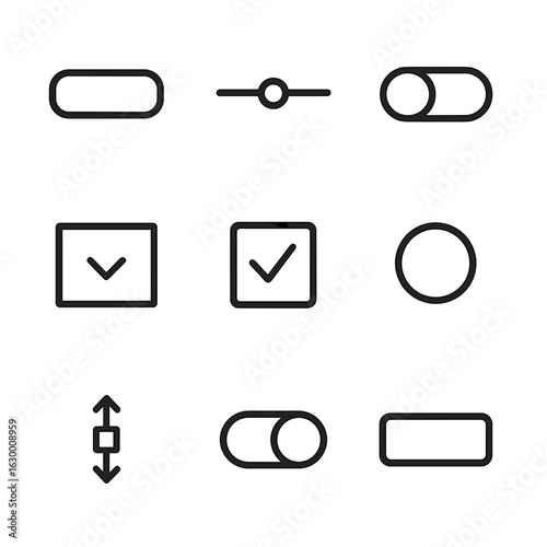UI Control Icon Set. Outline icon set of UI control elements: button, slider, switch, dropdown menu, checkbox, radio button,