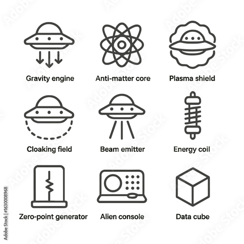 UFO Technology Icons. Outline icon set of UFO technology: gravity engine, anti-matter core, plasma shield, cloaking field, beam