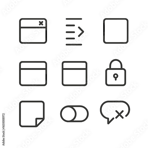 UI Element Icon Set. Outline icon set of closed UI elements: closed tab, collapsed menu, hidden sidebar, minimized window, closed