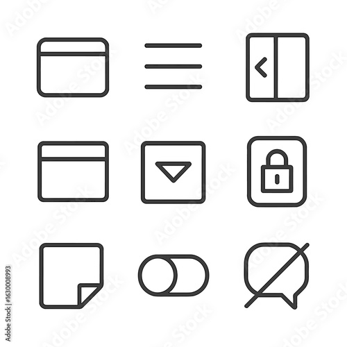 UI Element Icon Set. Outline icon set of closed UI elements: closed tab, collapsed menu, hidden sidebar, minimized window, closed