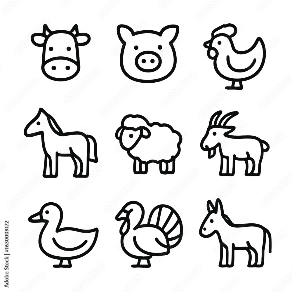 Fototapeta premium Farm Animal Icons. Outline icon set of farm animals: cow, pig, chicken, horse, sheep, goat, duck, turkey, donkey. Line icons in