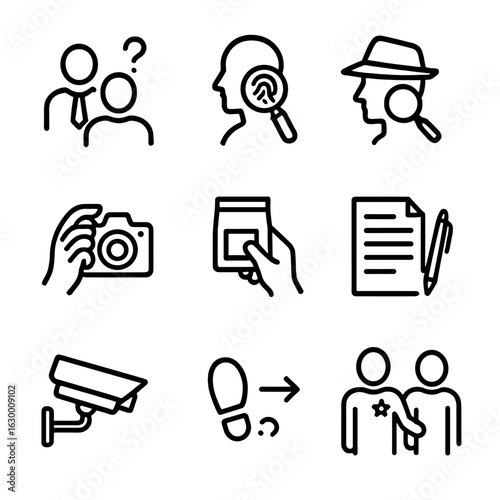 Investigation Icons Set. Outline icon set of investigation actions: questioning, analyzing, searching, photographing, collecting