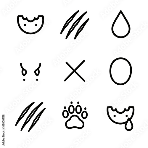 Fang Injury Icons. Outline icon set of fang injuries and marks: bite wound, scratch marks, blood drip, fang puncture, scar, bruise