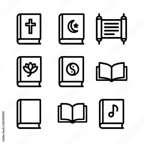Famous Scriptures Icons. Outline icon set of famous scriptures: bible, quran, torah, bhagavad gita, tao te ching, tripitaka, book