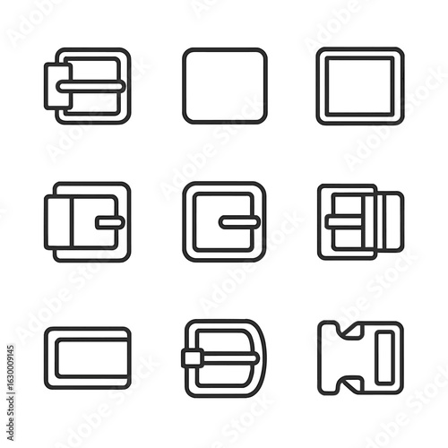 Belt Buckle Icons. Outline icon set of belt buckles: pin buckle, plate buckle, box frame buckle, clamp closure, tongue buckle,