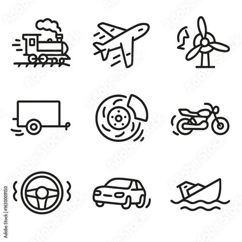 Uncontrolled Transport Icons. Outline icon set of no control in transportation: runaway train, out of control airplane, broken