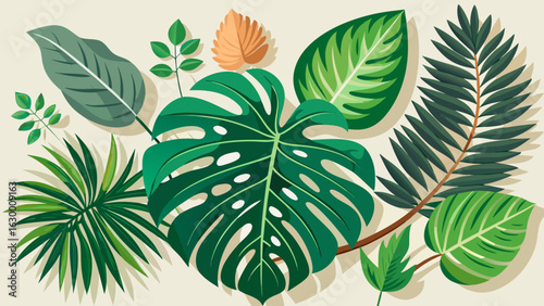 Vector art of a vibrant collection of diverse tropical green leaves, including monstera, fern, and palm, arranged in a beautiful botanical composition, isolated on white background