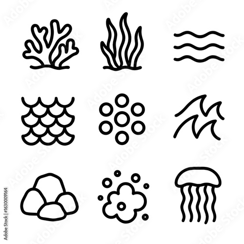 Underwater Camouflage Icons. Outline icon set of underwater camouflage: coral reef patterns, seaweed, sand ripples, fish scales,
