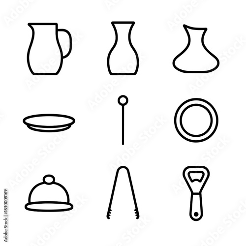 Beverage Serviceware Icons. Outline icon set of beverage serviceware: pitcher, carafe, decanter, serving tray, drink stirrer,