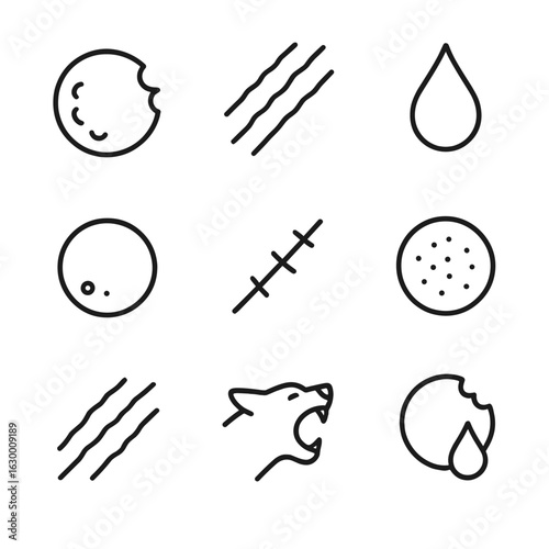 Fang Injury Icons. Outline icon set of fang injuries and marks: bite wound, scratch marks, blood drip, fang puncture, scar, bruise
