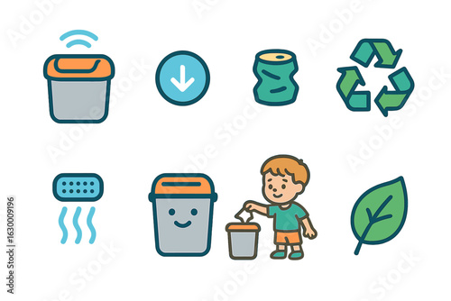 Smart Trash Bin Icons. Flat vector mini-illustrations smart trash can compactor in colors children's illustrations: trash can with