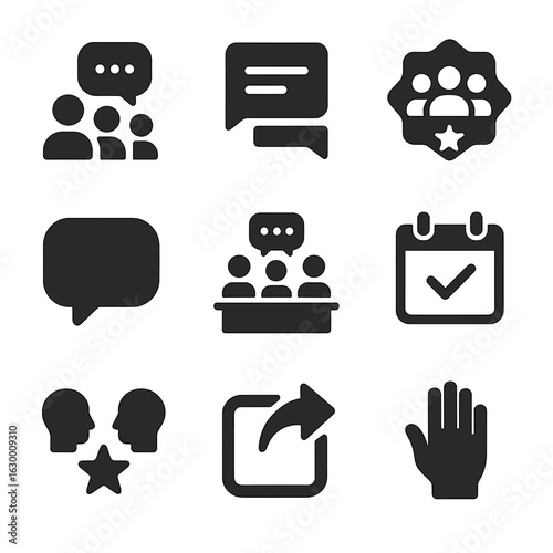 Community Icons Grid. Solid, filled icons set of community engagement: group chat, forum thread, community