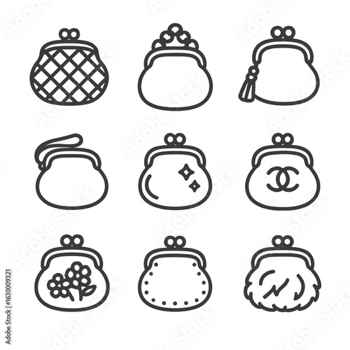Fashion Coin Purse Icons. Outline icon set of fashion coin purses: quilted leather, chain strap, tassel pull, mini wristlet,